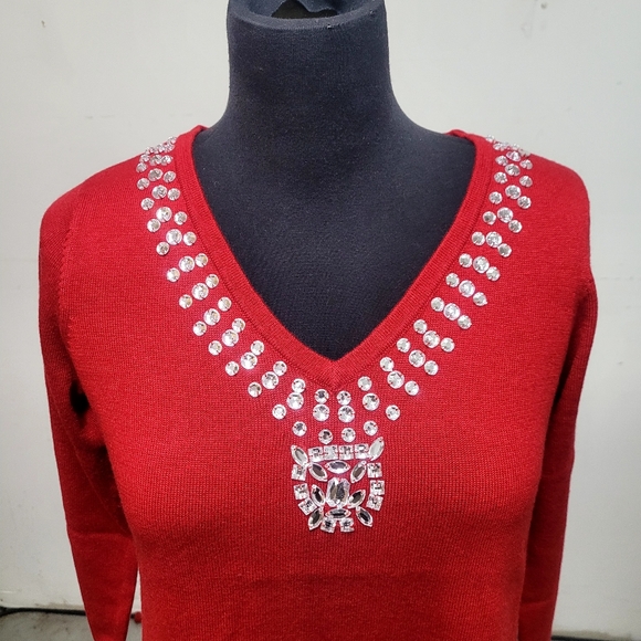 NEW! IMAN Jeweled Embellished "Touch of Cashmere" Sweater Tunic, Red - Picture 4 of 9